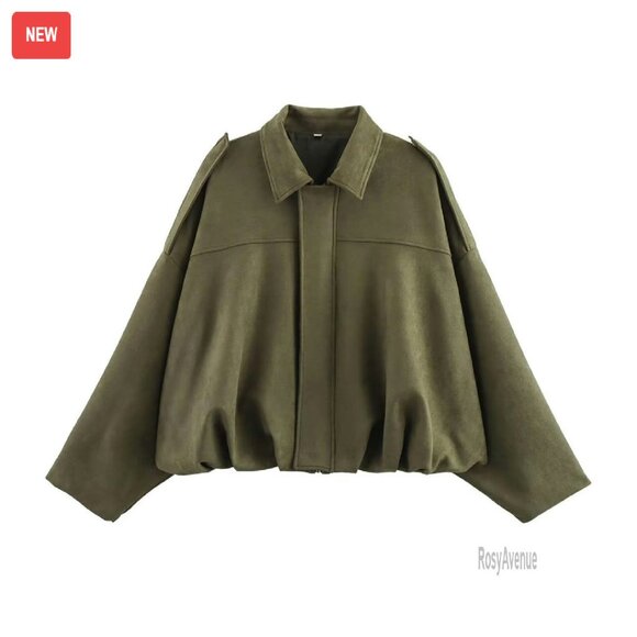 Oversized Faux Suede Bomber Jacket Cropped Lapel Zip Closure Streetwear